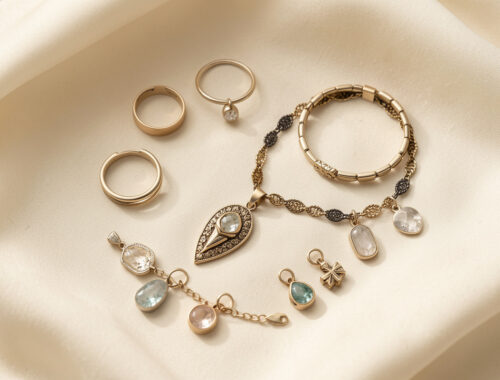 Composition élégante de bijoux symboliques variés disposés sur un tissu clair sous une lumière douce.