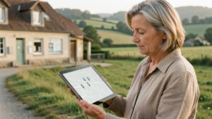 Une habitante d’un village rural consulte une carte des professionnels de santé sur une tablette, avec une pharmacie et un paysage de campagne en arrière-plan.