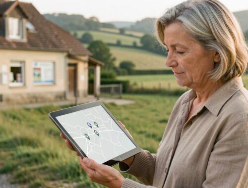 Une habitante d’un village rural consulte une carte des professionnels de santé sur une tablette, avec une pharmacie et un paysage de campagne en arrière-plan.