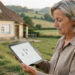 Une habitante d’un village rural consulte une carte des professionnels de santé sur une tablette, avec une pharmacie et un paysage de campagne en arrière-plan.