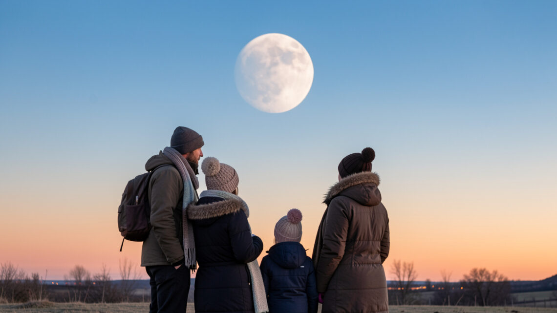Un homme, une femme, un jeune garçon et une jeune fille emmitouflés observent une Lune partiellement éclipsée au-dessus d’un horizon ouest dégagé à l’aube.