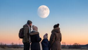 Un homme, une femme, un jeune garçon et une jeune fille emmitouflés observent une Lune partiellement éclipsée au-dessus d’un horizon ouest dégagé à l’aube.