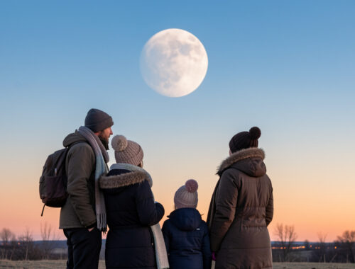 Un homme, une femme, un jeune garçon et une jeune fille emmitouflés observent une Lune partiellement éclipsée au-dessus d’un horizon ouest dégagé à l’aube.