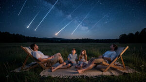 Une famille composée d’un homme, d’une femme, d’un garçon et d’une fille est allongée sur des tapis et des chaises longues dans une prairie sombre, sous un ciel d’été étoilé traversé d’étoiles filantes.