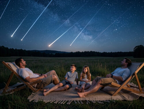 Une famille composée d’un homme, d’une femme, d’un garçon et d’une fille est allongée sur des tapis et des chaises longues dans une prairie sombre, sous un ciel d’été étoilé traversé d’étoiles filantes.