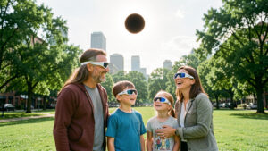 Une famille composée d'un homme, d'une femme, d'un jeune garçon et d'une jeune fille observe une éclipse solaire dans un parc lumineux, chacun portant des lunettes d'éclipse.