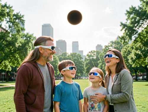 Une famille composée d'un homme, d'une femme, d'un jeune garçon et d'une jeune fille observe une éclipse solaire dans un parc lumineux, chacun portant des lunettes d'éclipse.