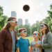 Une famille composée d'un homme, d'une femme, d'un jeune garçon et d'une jeune fille observe une éclipse solaire dans un parc lumineux, chacun portant des lunettes d'éclipse.