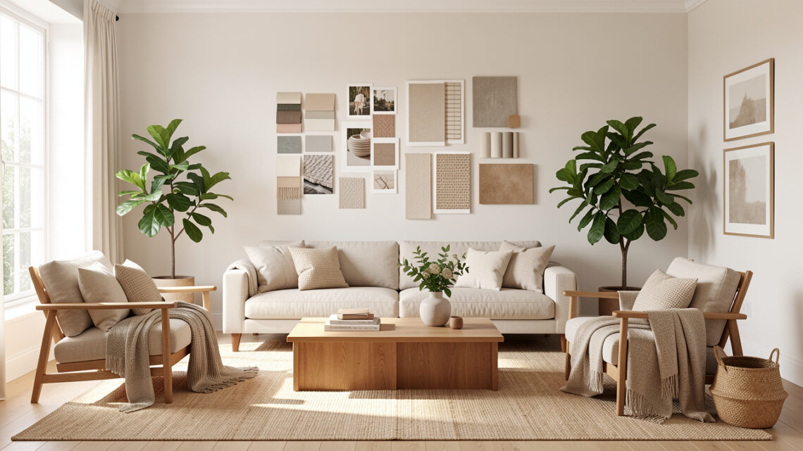 Salon lumineux présentant une planche d’inspiration visuelle, des échantillons de matières, des plantes vertes et un mobilier aux styles harmonieux.