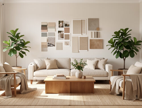 Salon lumineux présentant une planche d’inspiration visuelle, des échantillons de matières, des plantes vertes et un mobilier aux styles harmonieux.