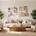 Salon lumineux présentant une planche d’inspiration visuelle, des échantillons de matières, des plantes vertes et un mobilier aux styles harmonieux.