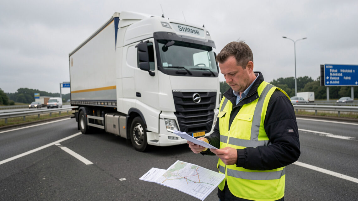 Camion de transport routier stationné sur une aire d’autoroute européenne, avec un conducteur vérifiant des documents de fret vierges et une carte d’itinéraire.