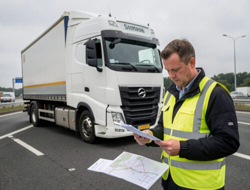 Camion de transport routier stationné sur une aire d’autoroute européenne, avec un conducteur vérifiant des documents de fret vierges et une carte d’itinéraire.