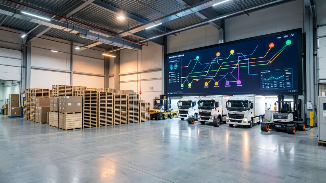 Centre logistique moderne avec palettes empilées, camions connectés, équipements de chargement et tableau numérique abstrait illustrant le suivi d’une livraison.
