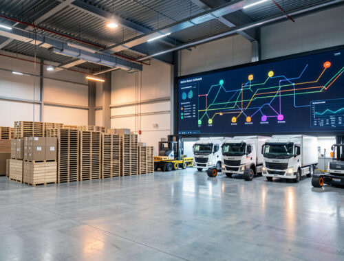 Centre logistique moderne avec palettes empilées, camions connectés, équipements de chargement et tableau numérique abstrait illustrant le suivi d’une livraison.