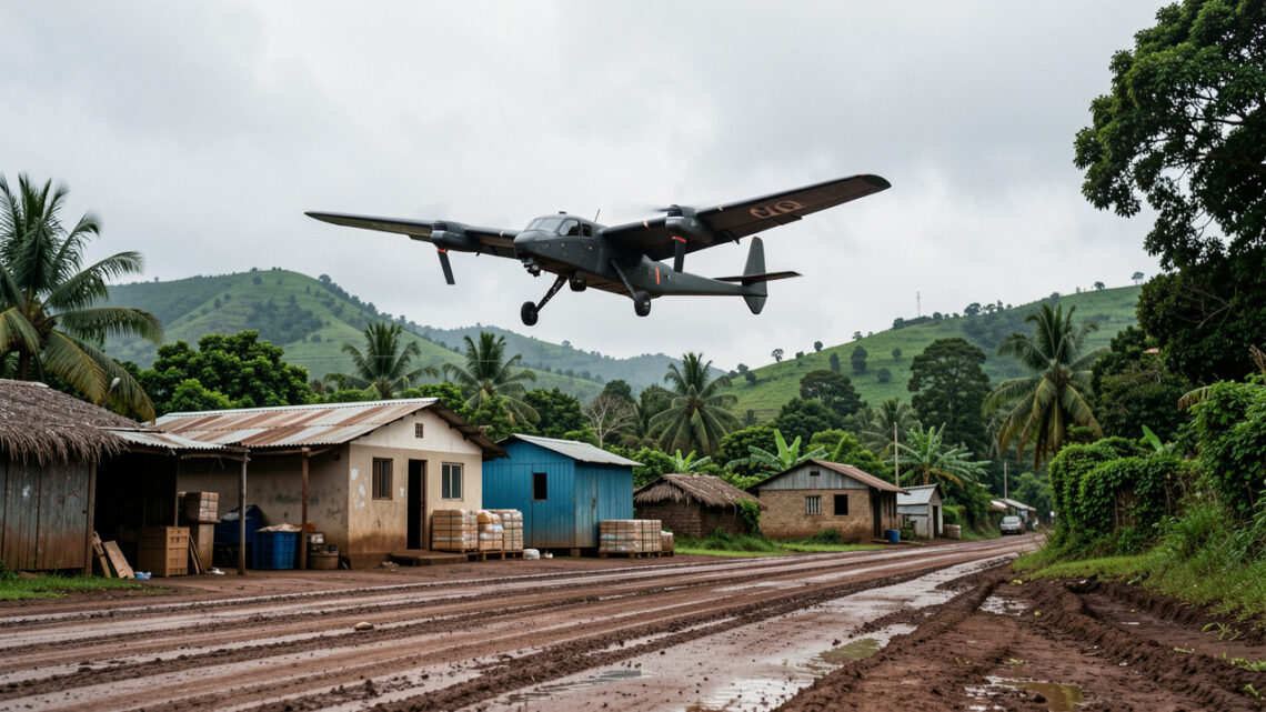 Drone médical à voilure fixe décollant d’une base logistique rurale sur une piste boueuse, avec un paysage verdoyant en Afrique.