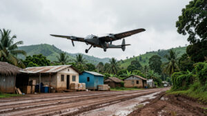 Drone médical à voilure fixe décollant d’une base logistique rurale sur une piste boueuse, avec un paysage verdoyant en Afrique.