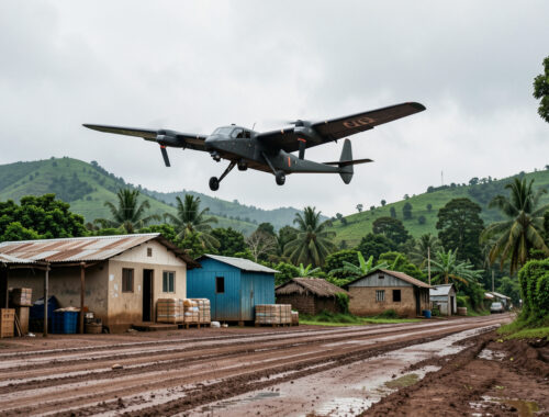 Drone médical à voilure fixe décollant d’une base logistique rurale sur une piste boueuse, avec un paysage verdoyant en Afrique.
