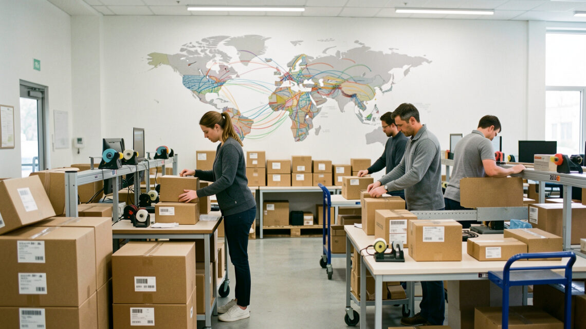 Entrepôt e-commerce moderne où une femme et deux hommes préparent des colis internationaux, avec une carte du monde abstraite en arrière-plan.
