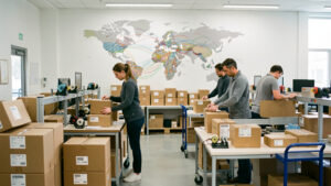 Entrepôt e-commerce moderne où une femme et deux hommes préparent des colis internationaux, avec une carte du monde abstraite en arrière-plan.