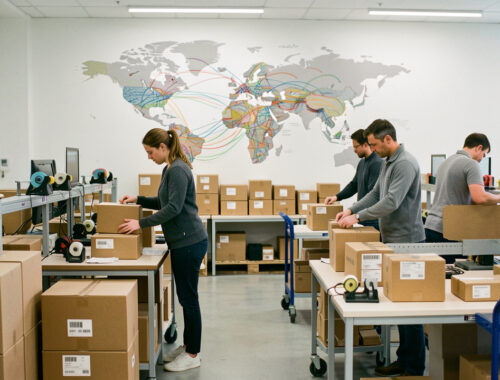 Entrepôt e-commerce moderne où une femme et deux hommes préparent des colis internationaux, avec une carte du monde abstraite en arrière-plan.