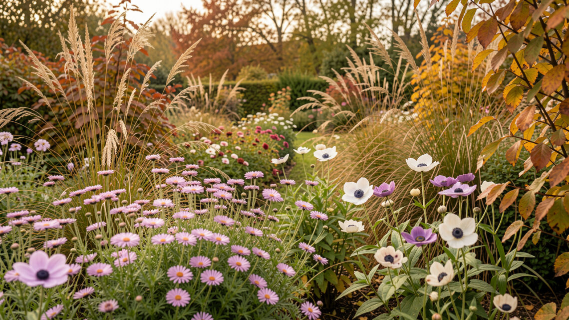 Jardin de vivaces en septembre avec des asters et des anémones du Japon encore fleuris, entourés de feuillages aux couleurs d’automne dans une lumière douce.