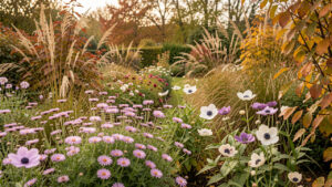 Jardin de vivaces en septembre avec des asters et des anémones du Japon encore fleuris, entourés de feuillages aux couleurs d’automne dans une lumière douce.