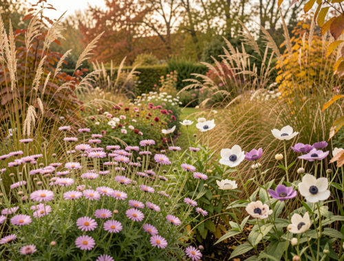 Jardin de vivaces en septembre avec des asters et des anémones du Japon encore fleuris, entourés de feuillages aux couleurs d’automne dans une lumière douce.