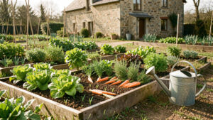Potager familial à Réalmont au printemps, avec de petites planches de légumes, un arrosoir et une maison traditionnelle du Tarn en arrière-plan sous une lumière naturelle.