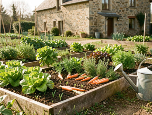 Potager familial à Réalmont au printemps, avec de petites planches de légumes, un arrosoir et une maison traditionnelle du Tarn en arrière-plan sous une lumière naturelle.