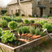 Potager familial à Réalmont au printemps, avec de petites planches de légumes, un arrosoir et une maison traditionnelle du Tarn en arrière-plan sous une lumière naturelle.