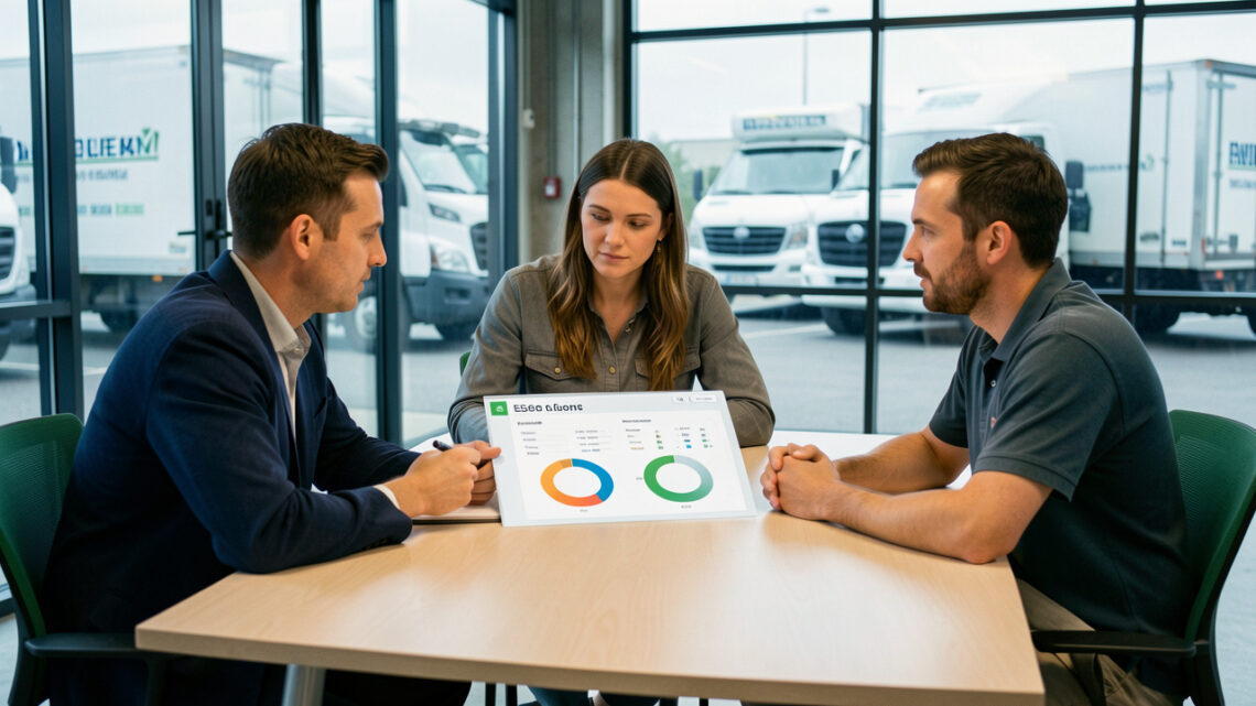 Réunion de trois collaborateurs d'une PME de transport autour d'un tableau de bord ESG, avec des camions et un entrepôt visibles en arrière-plan.