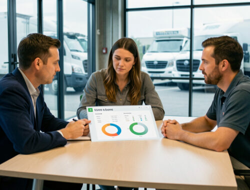 Réunion de trois collaborateurs d'une PME de transport autour d'un tableau de bord ESG, avec des camions et un entrepôt visibles en arrière-plan.
