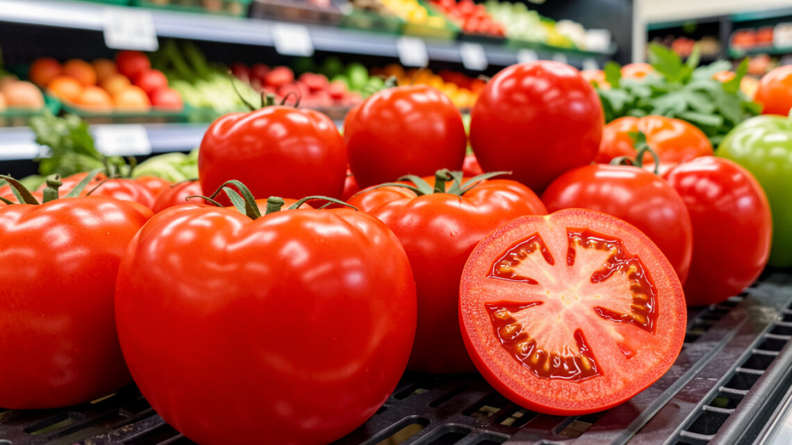 Grappe de tomates rouges dans un supermarché, avec des fruits lisses et une tomate mûre coupée montrant son intérieur juteux.