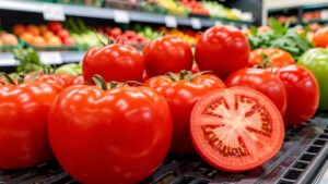 Grappe de tomates rouges dans un supermarché, avec des fruits lisses et une tomate mûre coupée montrant son intérieur juteux.