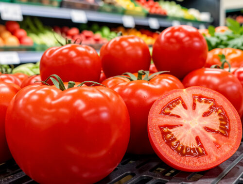 Grappe de tomates rouges dans un supermarché, avec des fruits lisses et une tomate mûre coupée montrant son intérieur juteux.