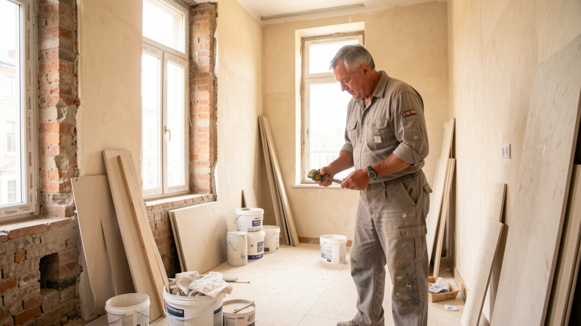 Un propriétaire examine attentivement les murs d’un ancien appartement avant sa rénovation, dans un chantier propre, ordonné et baigné de lumière naturelle.