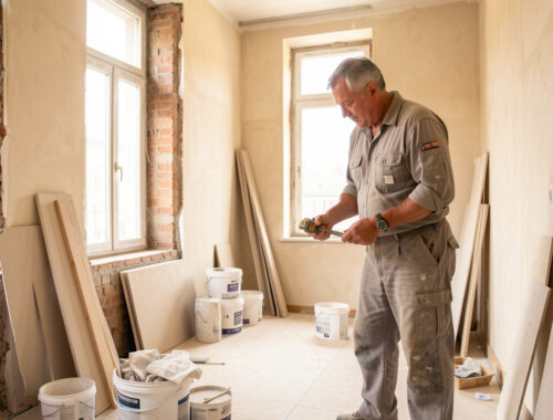 Un propriétaire examine attentivement les murs d’un ancien appartement avant sa rénovation, dans un chantier propre, ordonné et baigné de lumière naturelle.