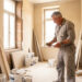 Un propriétaire examine attentivement les murs d’un ancien appartement avant sa rénovation, dans un chantier propre, ordonné et baigné de lumière naturelle.