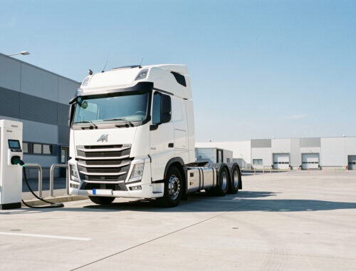 Tracteur routier électrique blanc de 44 tonnes en recharge rapide sur une aire logistique française, avec des bornes haute puissance sous un ciel bleu dégagé.