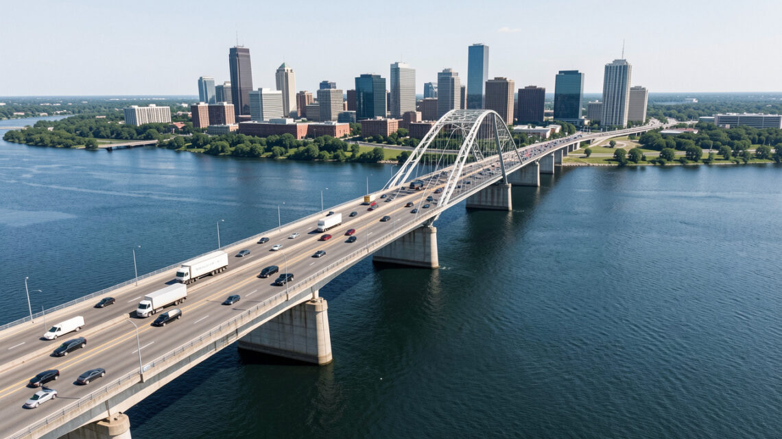 Vue aérienne réaliste du pont international Gordie Howe reliant Windsor et Détroit, avec des camions et des voitures circulant sur le tablier et la rivière Détroit au premier plan.