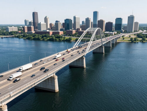 Vue aérienne réaliste du pont international Gordie Howe reliant Windsor et Détroit, avec des camions et des voitures circulant sur le tablier et la rivière Détroit au premier plan.